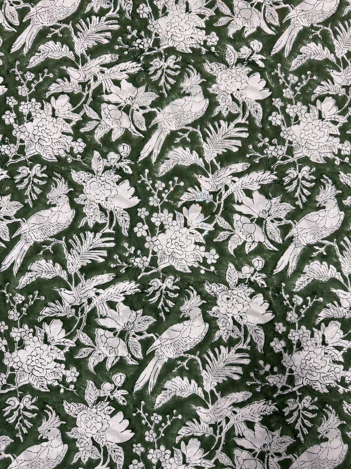 Fabricrush Rifle Green and White Indian Hand Block Floral Printed 100% Cotton Cloth, Fabric by the Yard for Curtains Pillows Cushions Duvet Cover Quilt, Valentine's day, Spring, Easter