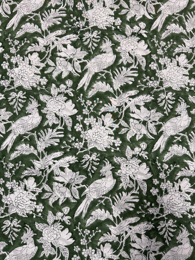 Fabricrush Rifle Green and White Indian Hand Block Floral Printed 100% Cotton Cloth, Fabric by the Yard for Curtains Pillows Cushions Duvet Cover Quilt