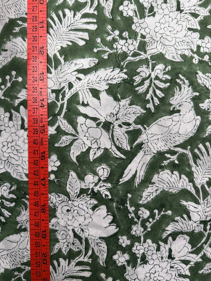 Fabricrush Rifle Green and White Indian Hand Block Floral Printed 100% Cotton Cloth, Fabric by the Yard for Curtains Pillows Cushions Duvet Cover Quilt, Valentine's day, Spring, Easter