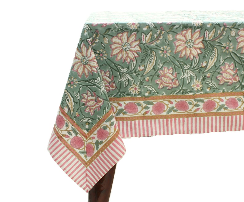 Fabricrush Viridian Green Indian Hand Block Floral Printed Pure Cotton Cloth Tablecloth for Farmhouse