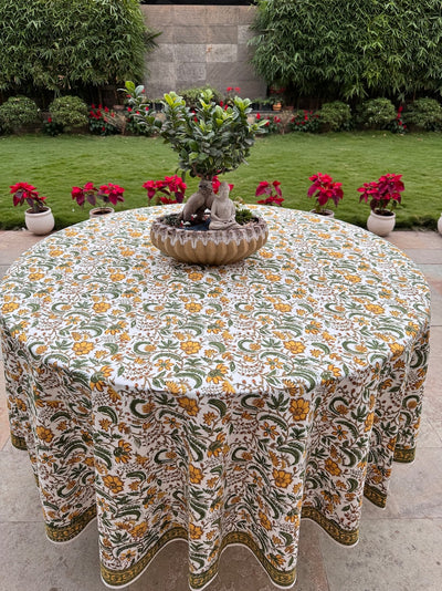 Fabricrush Round Tablecloth, Indian Hand Block Floral Printed Table Cover 100% Cotton Fabric, Vintage French Tablecloth