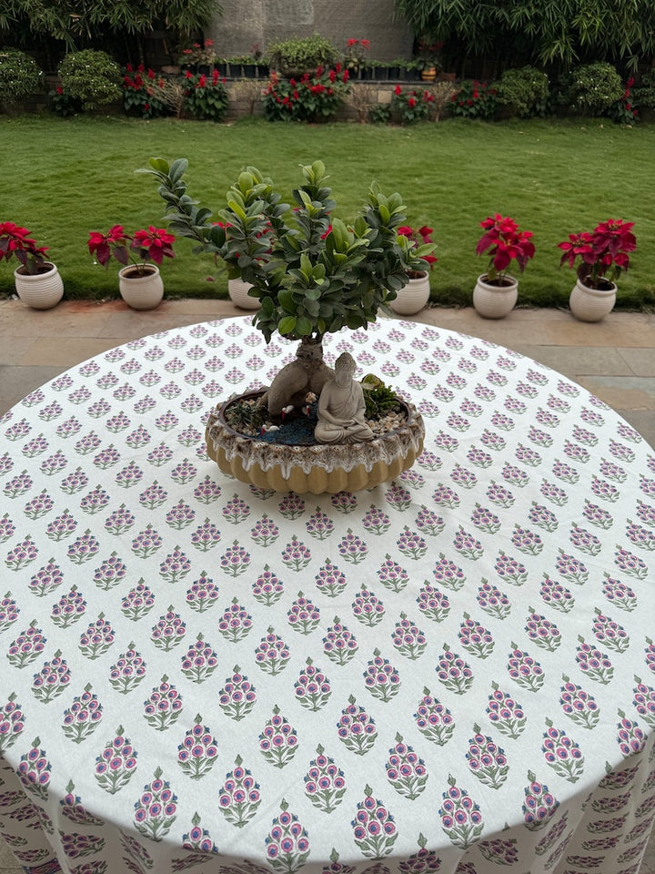 Fabricrush Round Tablecloth Rudy Blue Border, Pink and Green 100% Cotton Block Print Table Cover Home and Living, Gift for her, gifts, Valentine's day,  Easter, Spring