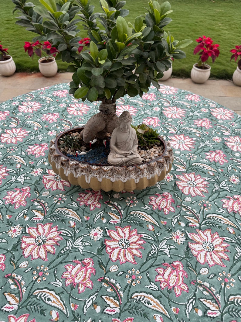 Fabricrush Viridian Green Indian Hand Block Floral Printed Pure Cotton Cloth Round Tablecloth, Table Cover for Farmhouse Wedding Party Home Decor Gifts