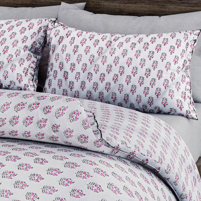 Block Print Duvet Cover - Soft Washable Duvet Cover Set of 3 Pieces, 1 Duvet Cover and 2 Printed Sham Covers