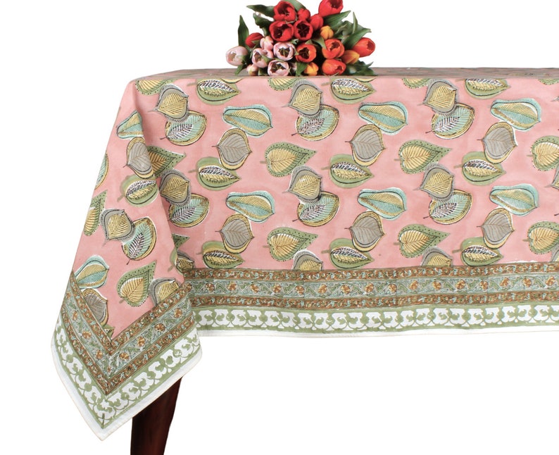 Fabricrush Salmon Pink Indian Hand Block Leaves Printed Cotton Tablecloth, Table Cover, Housewarming Home Wedding Events Party Picnic Restaurant Gifts