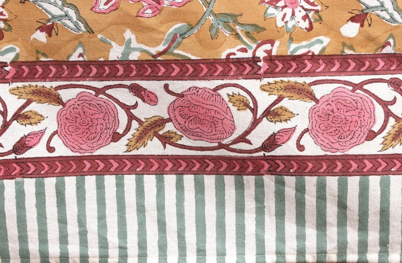 Biscotti Yellow Indian Floral Hand-Block Printed Cotton Tablecloth