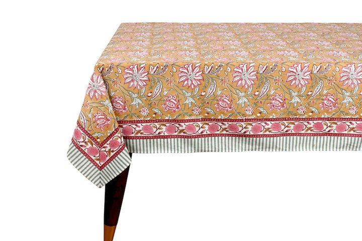 Biscotti Yellow Indian Floral Hand-Block Printed Cotton Tablecloth