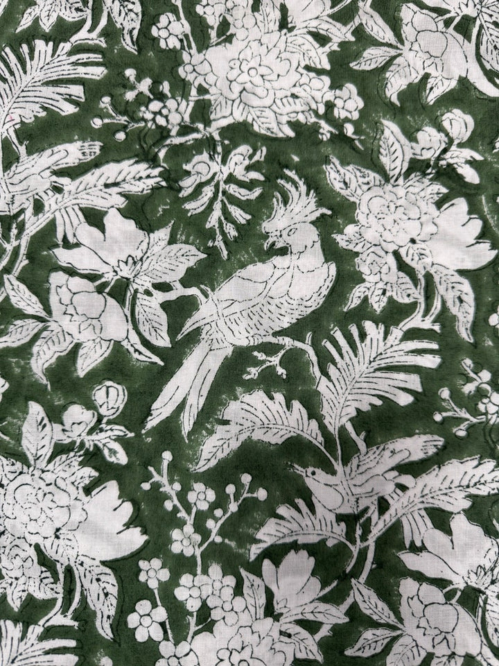 Fabricrush Rifle Green and White Indian Hand Block Floral Printed 100% Cotton Cloth, Fabric by the Yard for Curtains Pillows Cushions Duvet Cover Quilt, Valentine's day, Spring, Easter