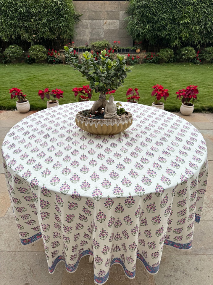 Fabricrush Round Tablecloth Rudy Blue Border, Pink and Green 100% Cotton Block Print Table Cover Home and Living, Gift for her, gifts, Valentine's day,  Easter, Spring