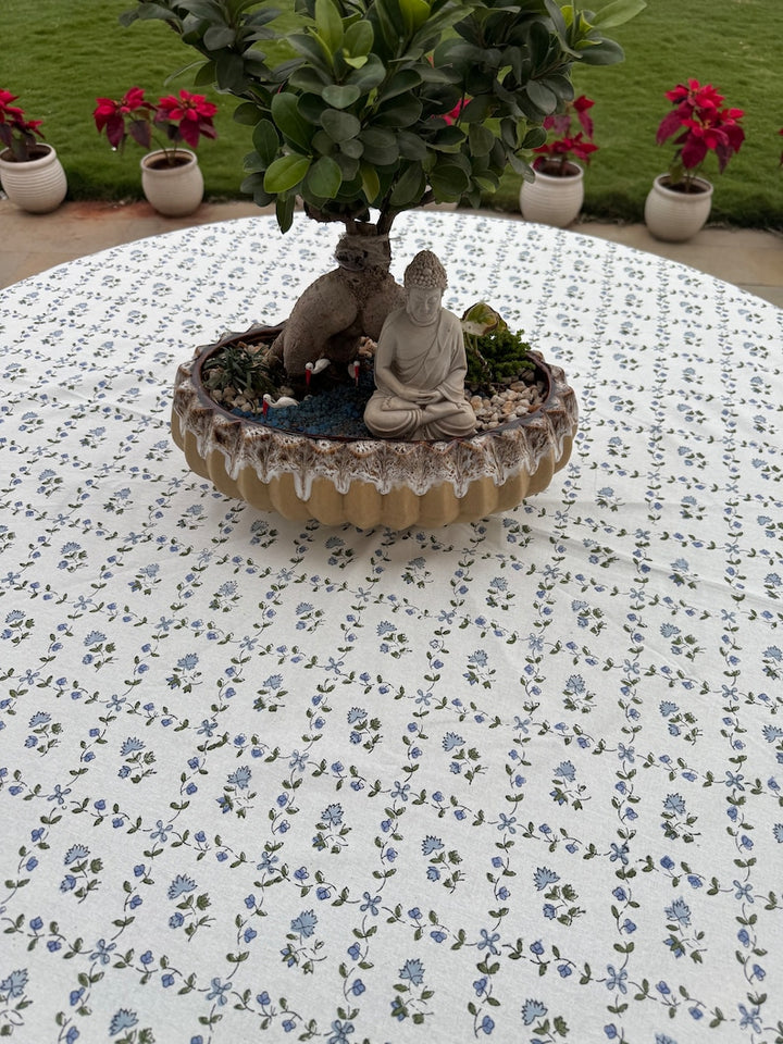 Fabricrush Indian Hand Block Printed Floral Round Tablecloth Powder and Pigeon Blue 100% Cotton Fabric Table Cover for, Gift for her, Valentine's day,  Easter, Spring