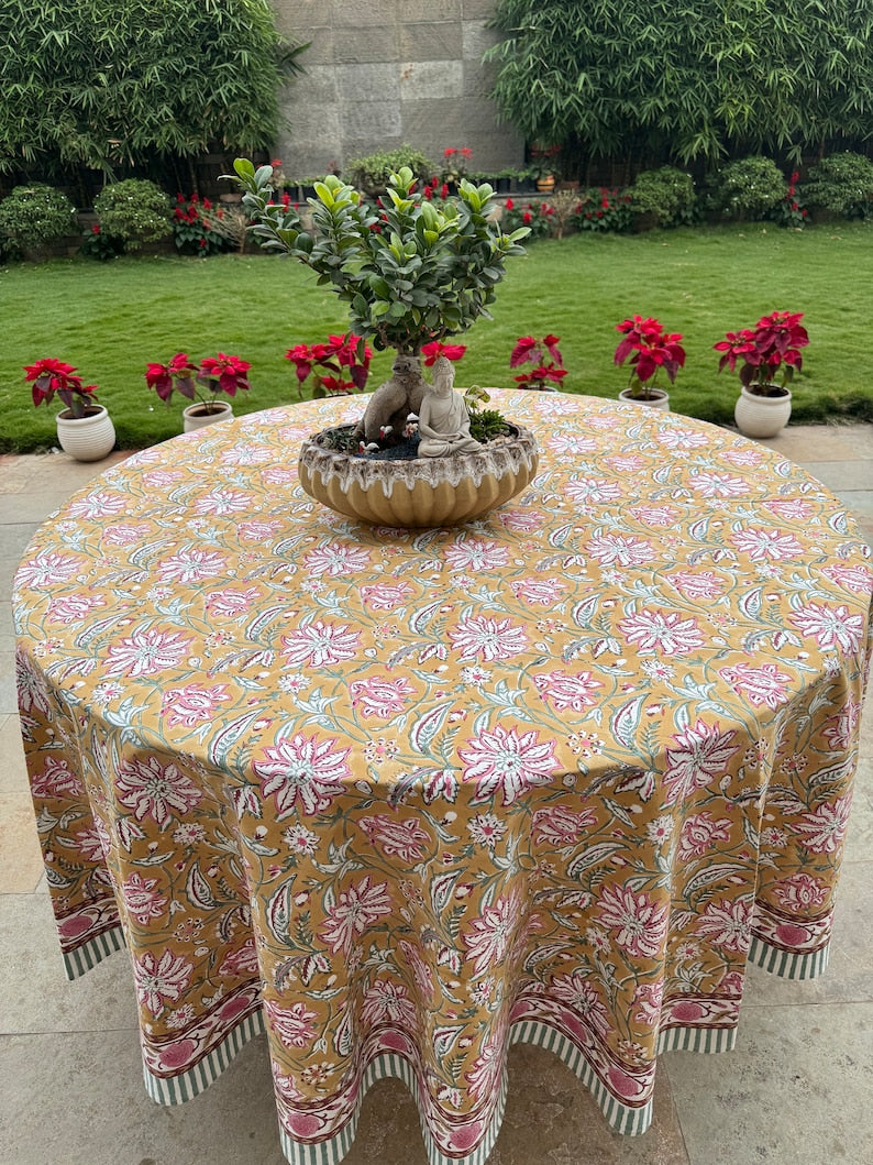 Biscotti Yellow Hand Block Floral Printed Pure Cotton Cloth Round Tablecloth, Farmhouse, Wedding, Home Décor, Party, Outdoor, An Ideal Gift, Wedding, Anniversary, her, Him, Mother and Daughter, Valentine's day,  Easter, Spring