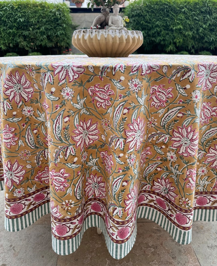 Biscotti Yellow Hand Block Floral Printed Pure Cotton Cloth Round Tablecloth, Farmhouse, Wedding, Home Décor, Party, Outdoor, An Ideal Gift, Wedding, Anniversary, her, Him, Mother and Daughter, Valentine's day,  Easter, Spring