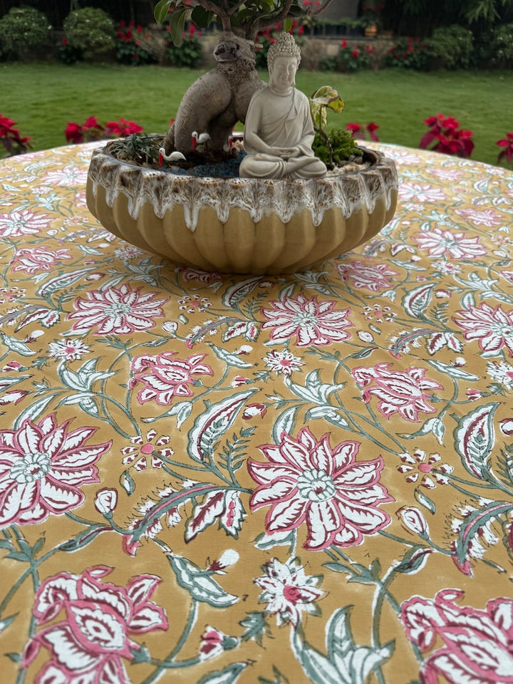 Biscotti Yellow Hand Block Floral Printed Pure Cotton Cloth Round Tablecloth, Farmhouse, Wedding, Home Décor, Party, Outdoor, An Ideal Gift, Wedding, Anniversary, her, Him, Mother and Daughter, Valentine's day,  Easter, Spring