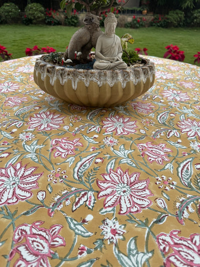 Fabricrush Biscotti Yellow Indian Hand Block Floral Printed Pure Cotton Cloth Round Tablecloth, Table Cover, Farmhouse Wedding Home Decor Party Outdoor