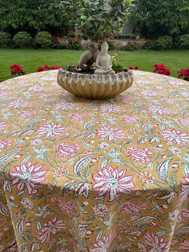 Biscotti Yellow Hand Block Floral Printed Pure Cotton Cloth Round Tablecloth, Farmhouse, Wedding, Home Décor, Party, Outdoor, An Ideal Gift, Wedding, Anniversary, her, Him, Mother and Daughter, Valentine's day,  Easter, Spring