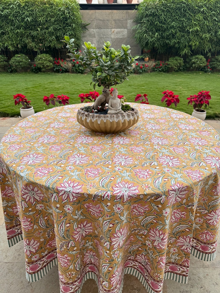 Biscotti Yellow Hand Block Floral Printed Pure Cotton Cloth Round Tablecloth, Farmhouse, Wedding, Home Décor, Party, Outdoor, An Ideal Gift, Wedding, Anniversary, her, Him, Mother and Daughter, Valentine's day,  Easter, Spring