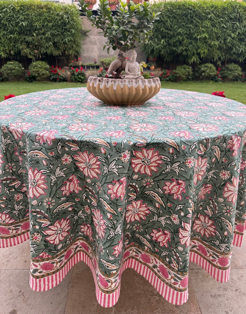 Fabricrush Viridian Green Indian Hand Block Floral Printed Pure Cotton Cloth Round Tablecloth, Table Cover for Farmhouse Wedding Party Home Decor Gifts