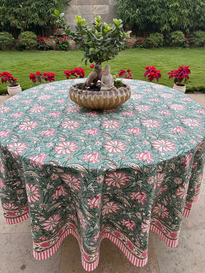 Fabricrush Viridian Green Indian Hand Block Floral Printed Pure Cotton Cloth Round Tablecloth, Table Cover for Farmhouse Wedding Party Home Decor Gifts