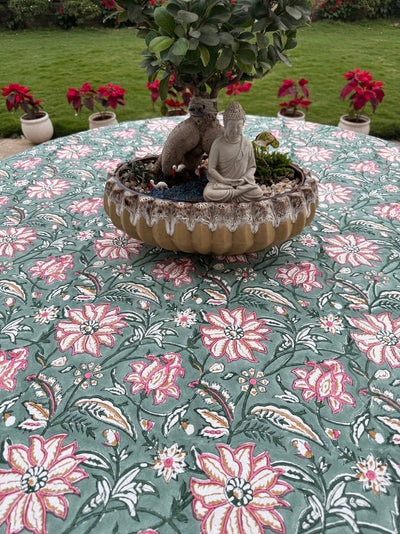 Fabricrush Viridian Green Indian Hand Block Floral Printed Pure Cotton Cloth Round Tablecloth, Table Cover for Farmhouse Wedding Party Home Decor Gifts