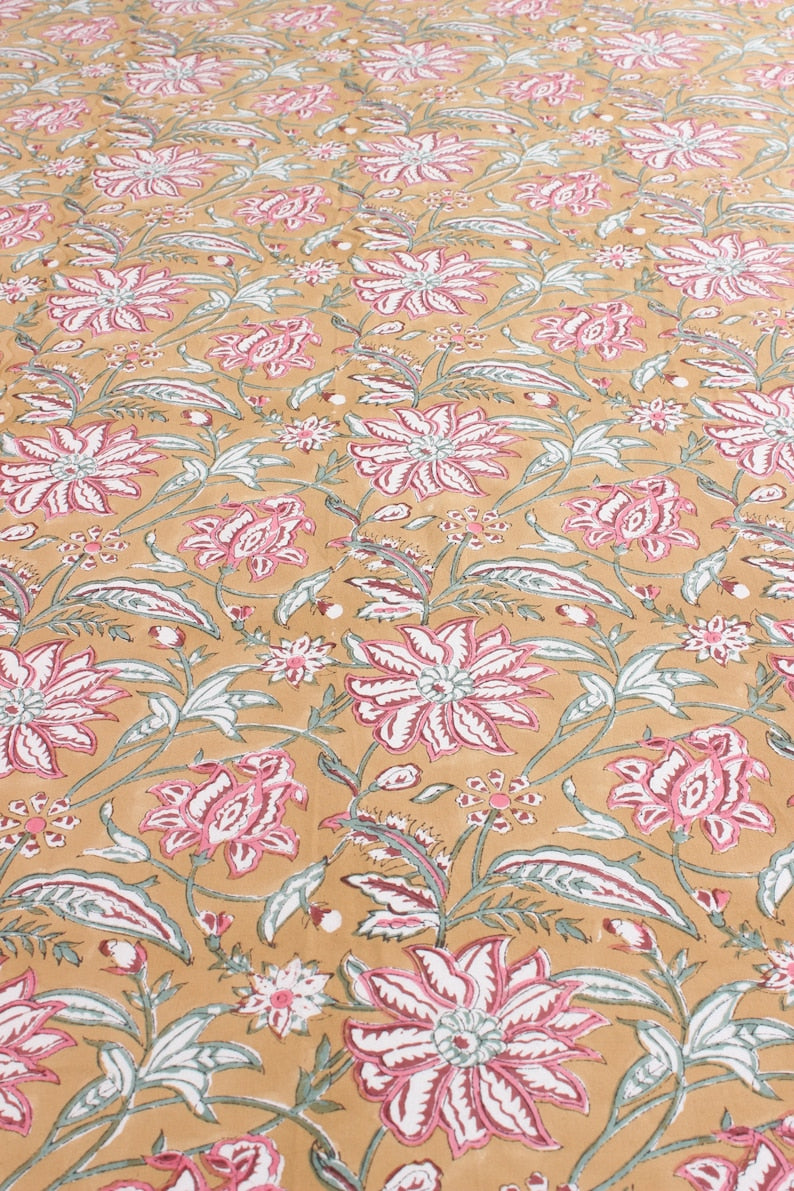 Biscotti Yellow Indian Floral Hand-Block Printed Cotton Tablecloth