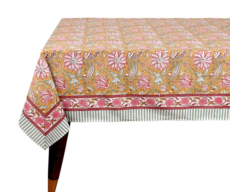 Biscotti Yellow Indian Floral Hand-Block Printed Cotton Tablecloth