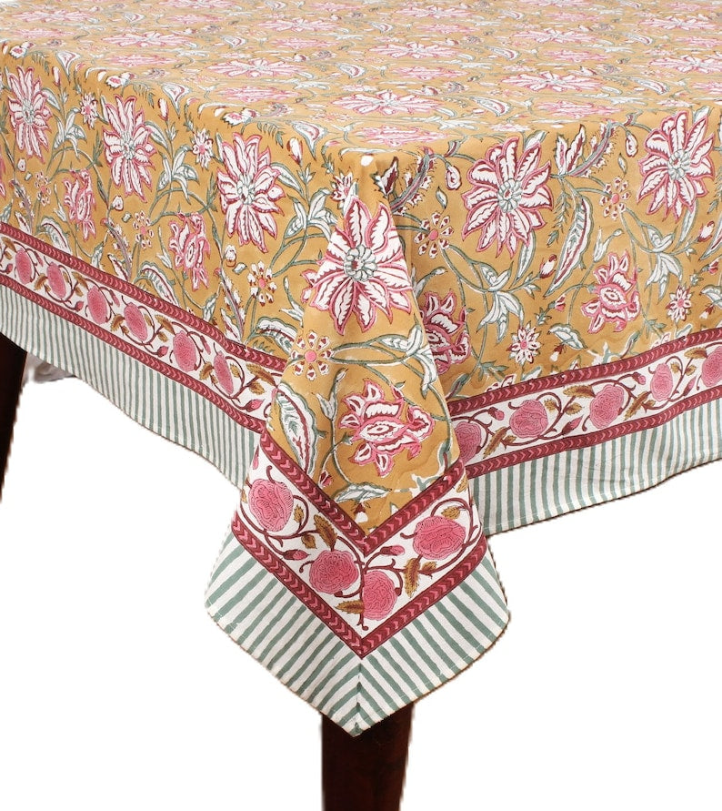 Biscotti Yellow Indian Floral Hand-Block Printed Cotton Tablecloth