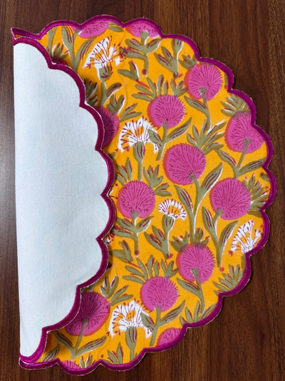Fabricrush Tablemats, Tangerine Orange and Bubblegum Pink Indian Hand Block Printed Place Mats, Flower Print, Table Decor for Wedding Home Farmhouse
