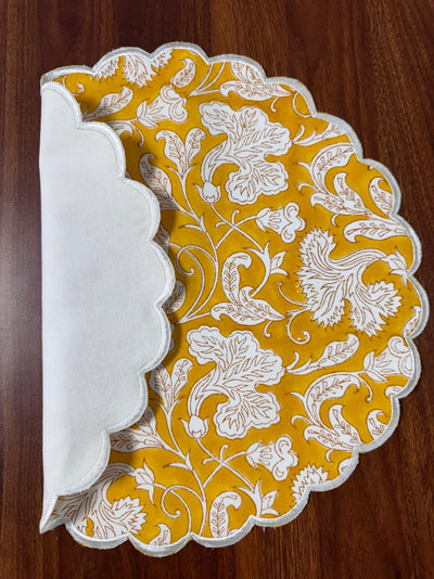 Fabricrush Tablemats, Saffron Yellow India Block Print Mats, Flower Print, Table Decor, Cotton Floral Fabric Reusable Mats for Wedding Home Garden Gift