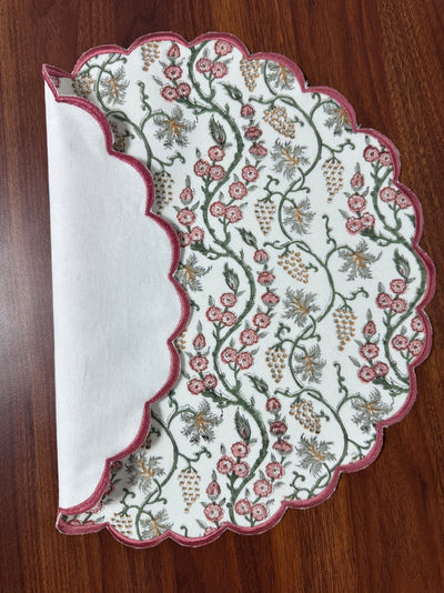 Fabricrush Tablemats, Coral Pink Trellis Indian Hand Block Printed Mats, Flower Print, Table Decor, Reusable Mats for Wedding Home Decor Events Outdoor