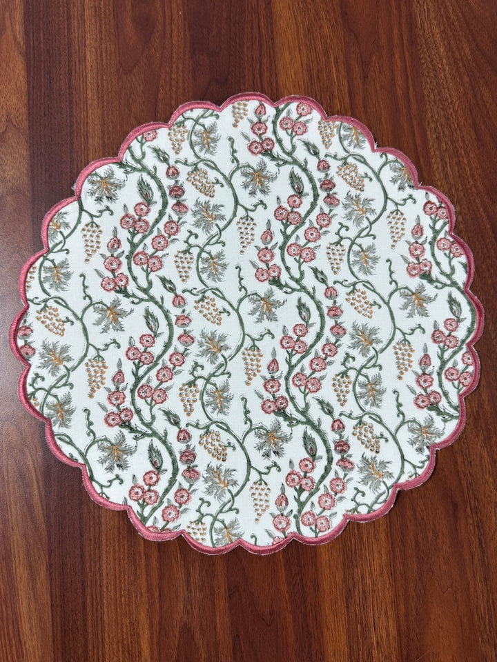 Fabricrush Tablemats, Coral Pink Trellis Indian Hand Block Printed Mats, Flower Print, Table Decor, Reusable Mats for Wedding Home Decor Events Outdoor, Gift for her, gifts