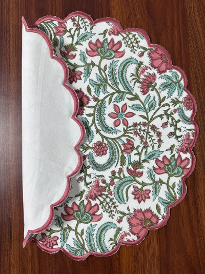 Fabricrush Tablemats, Tulip Pink and Mint Green India Floral Hand Block Printed and Embroidery Cotton Cloth Washable Table Mats for Wedding Home Decor