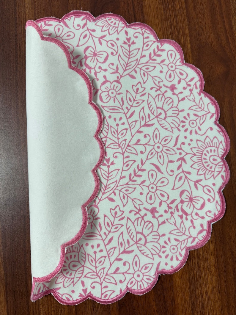 Fabricrush Tablemats, Rose Pink India Floral Hand Block Printed and Embroidered Cotton Cloth Vintage Washable Table Mats for Wedding Home Decor Garden