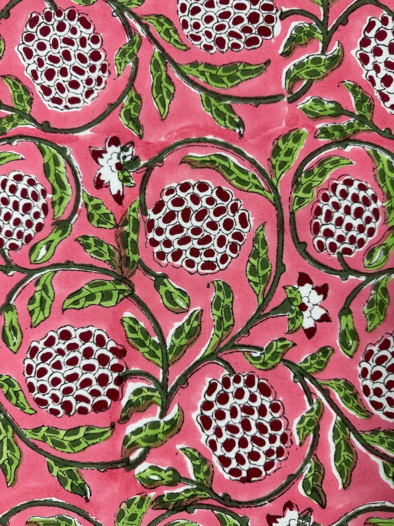 Fabricrush Tablemats, Strawberry Pink and Green Indian Floral Hand Block Print and Embroidered Cotton Cloth Washable Table Mats for Wedding Home Decor