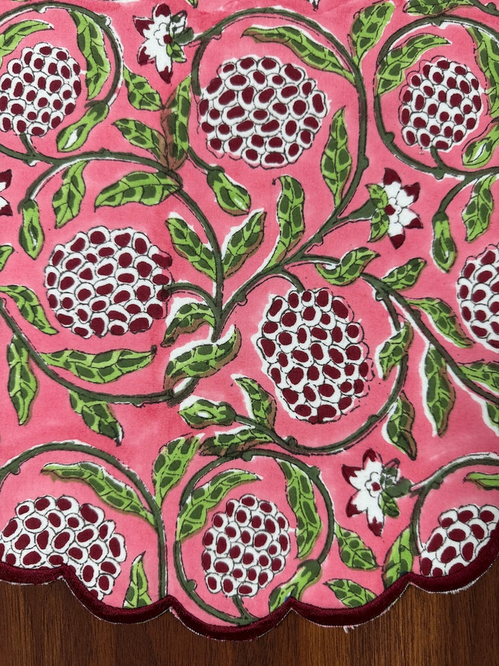 Fabricrush Tablemats, Strawberry Pink and Green Indian Floral Hand Block Print and Embroidered Cotton Cloth Washable Table Mats for Wedding Home Decor, Gift for her, gifts