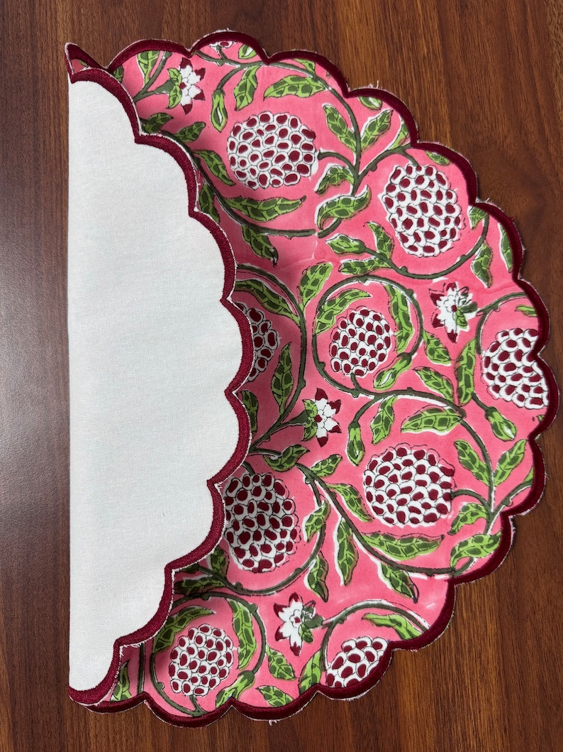 Fabricrush Tablemats, Strawberry Pink and Green Indian Floral Hand Block Print and Embroidered Cotton Cloth Washable Table Mats for Wedding Home Decor, Gift for her, gifts