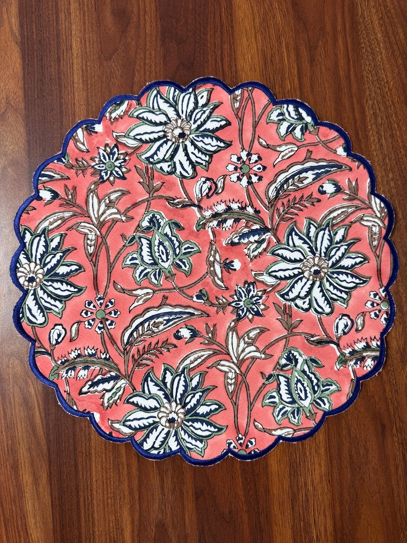 Fabricrush Tablemats, Peach and Berry Blue Indian Floral Hand Block Print and Embroidered Cotton Cloth Washable Table Mats for Wedding Home Decor Gift