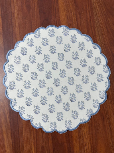 Fabricrush Tablemats, Sky and Beau Blue Indian Floral Hand Block Printed and Embroidered Cotton Cloth Table Mats, Washable Place Mats for Wedding Home