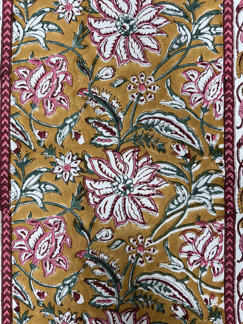 Fabricrush Biscotti Yellow Indian Floral Hand Block Printed Cotton Cloth Table Runners for Wedding Events Home Decor Room Outdoor Garden Coffee Table