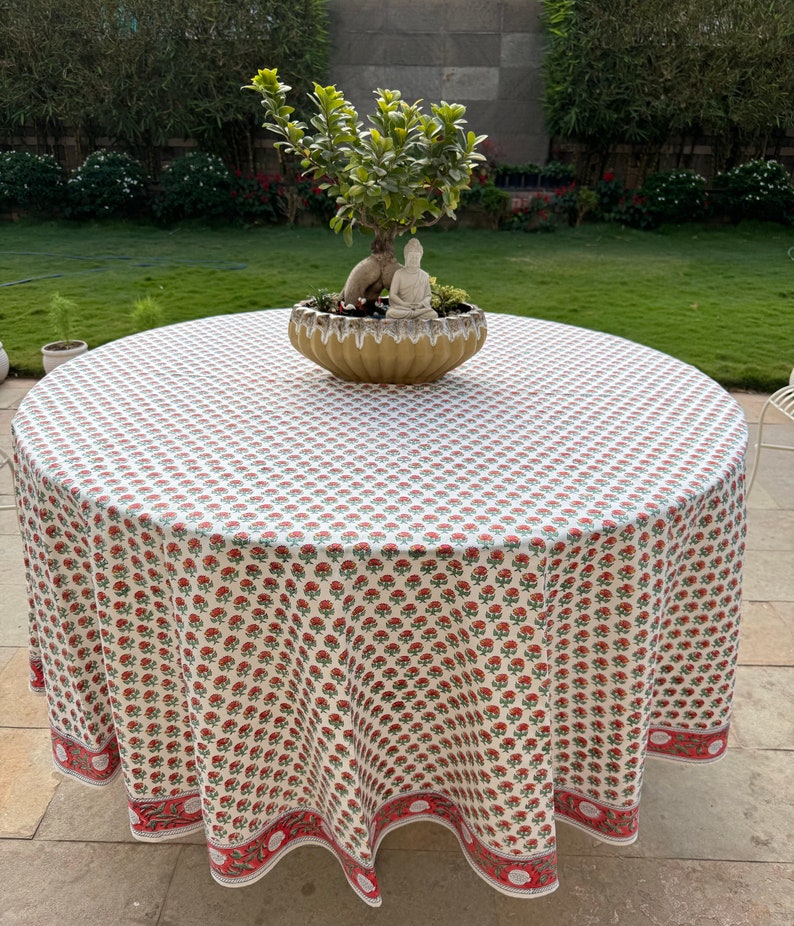 Fabricrush Mecca Orange and Green Indian Hand Block Floral Printed Pure Cotton Cloth Round Tablecloth, Table Cover for Farmhouse Wedding Party Outdoor, Gift for her, gifts, Valentine's day,  Easter, Spring