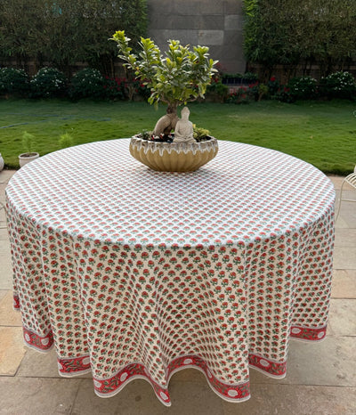 Fabricrush Mecca Orange and Green Indian Hand Block Floral Printed Pure Cotton Cloth Round Tablecloth, Table Cover for Farmhouse Wedding Party Outdoor, Gift for her, gifts, Halloween, Christmas, Thanksgiving