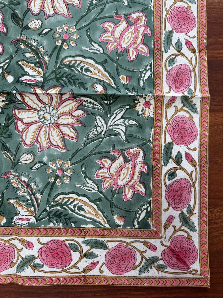 Viridian Green Indian Floral Hand Block Printed Size 20x20" Cotton Cloth Napkins