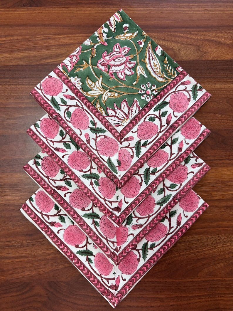 Hunter Green Indian Floral Hand Block Printed Cotton Napkins Size 20x20