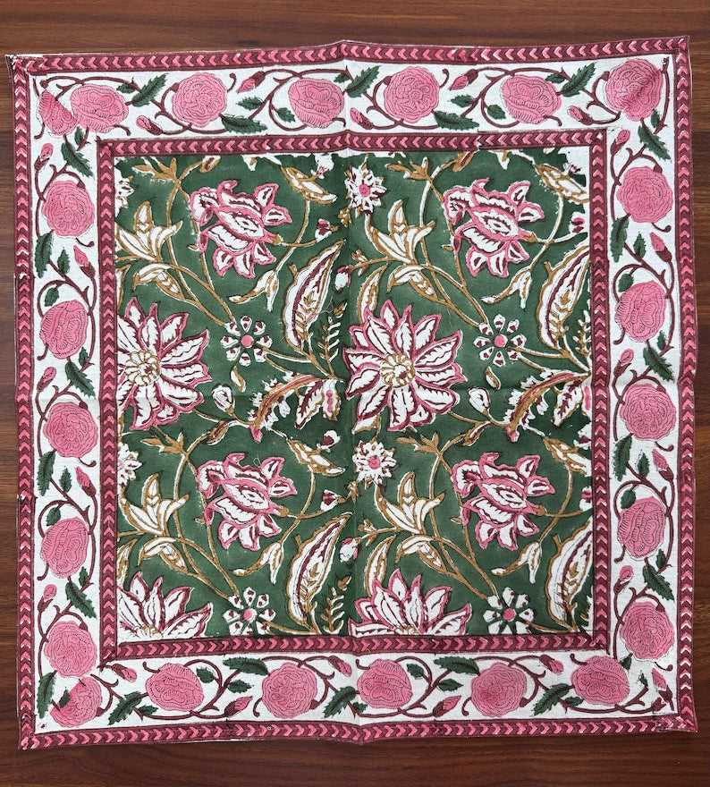 Hunter Green Indian Floral Hand Block Printed Cotton Napkins Size 20x20"