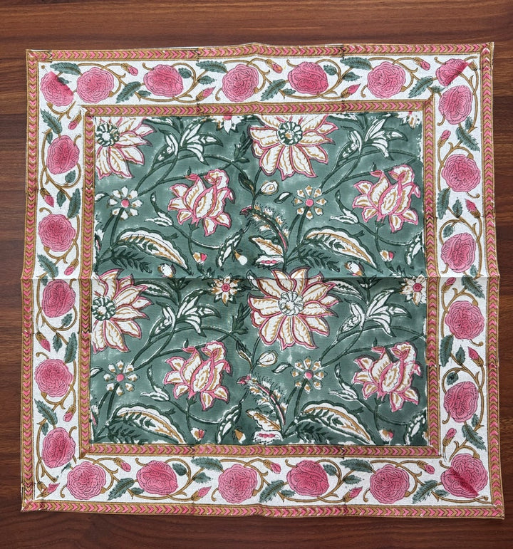 Viridian Green Indian Floral Hand Block Printed Size 20x20" Cotton Cloth Napkins