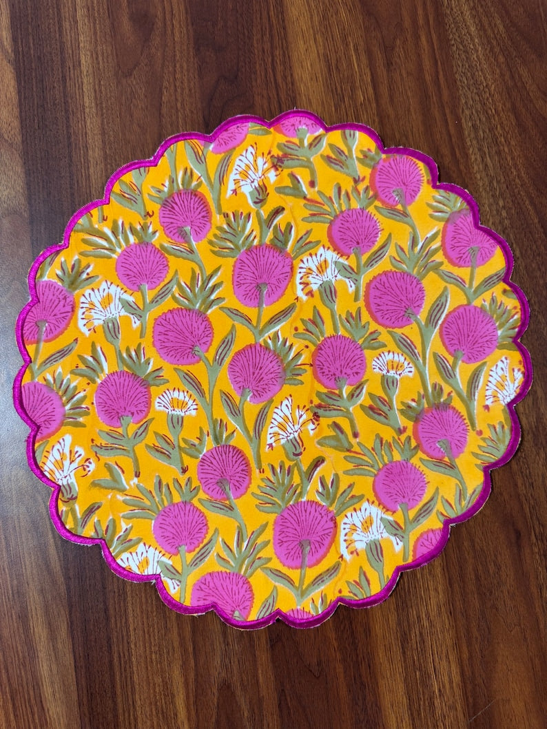 Fabricrush Tablemats, Tangerine Orange and Bubblegum Pink Indian Hand Block Printed Place Mats, Flower Print, Table Decor for Wedding Home Farmhouse