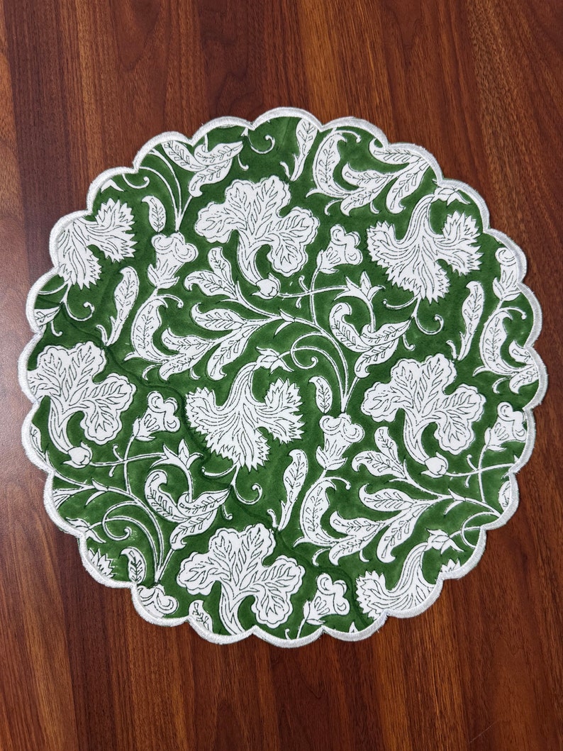 Fabricrush Tablemats, Pantone Artichoke Indian Hand Block Flower Print Cotton Cloth Place Mats for Wedding Home Decor Event Outdoor Garden Patio Gifts