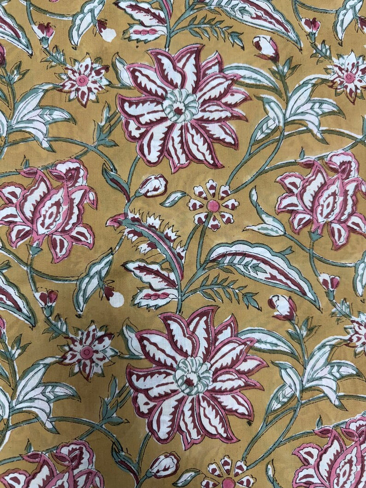 Fabricrush Biscotti Yellow Indian Floral Hand Block Printed 100% Cotton Cloth, Fabric by the Yard for Curtains Pillows Quilting Quilt Duvets Cover Bags, Valentine's day, Spring, Easter