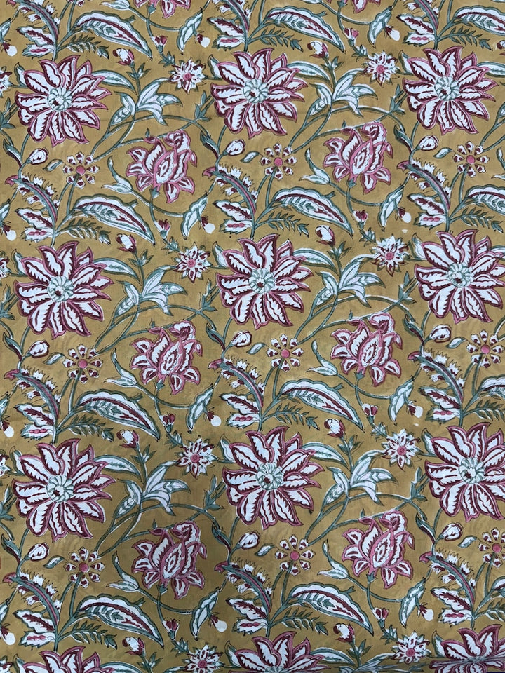 Fabricrush Biscotti Yellow Indian Floral Hand Block Printed 100% Cotton Cloth, Fabric by the Yard for Curtains Pillows Quilting Quilt Duvets Cover Bags, Valentine's day, Spring, Easter