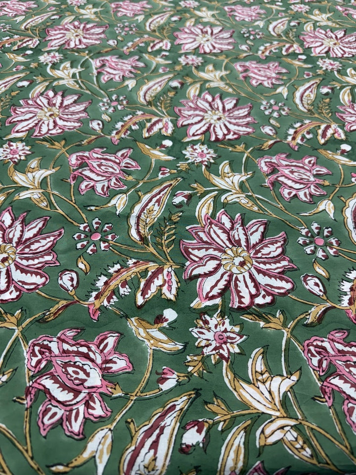 Fabricrush Hunter Green Indian Floral Hand Block Printed 100% Cotton Cloth, Fabric by the Yard for Curtains Pillows Cushions Quilting Duvet Covers Bags, Valentine's day, Spring, Easter