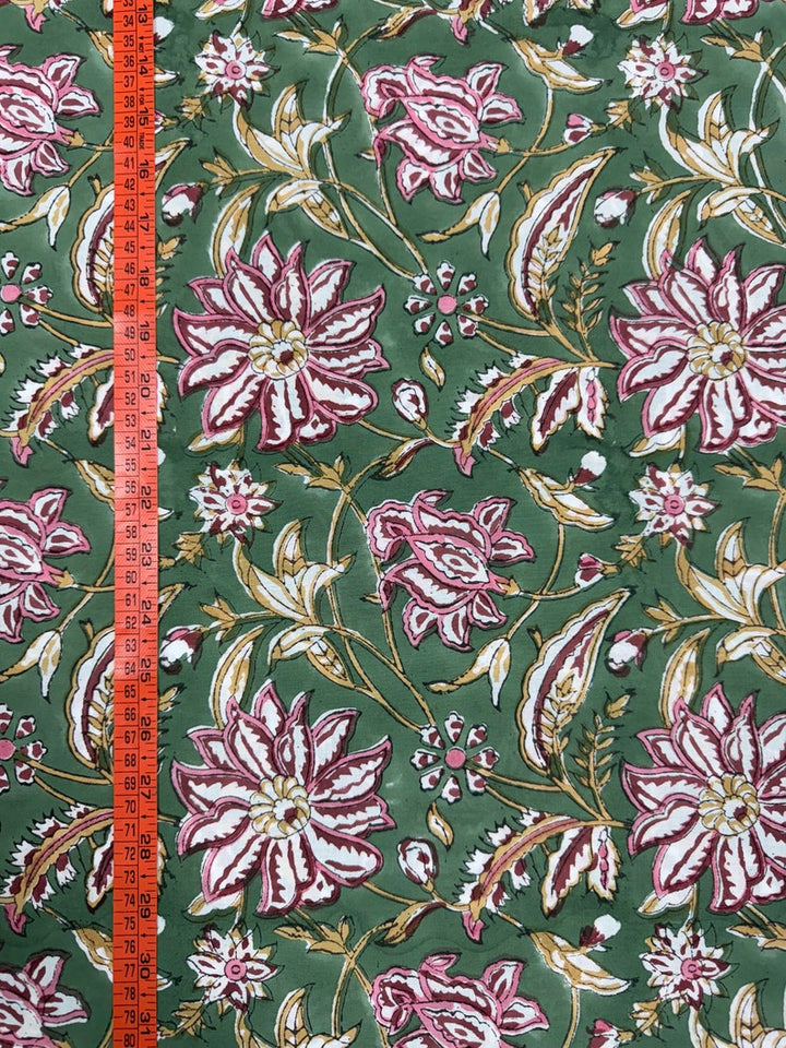 Fabricrush Hunter Green Indian Floral Hand Block Printed 100% Cotton Cloth, Fabric by the Yard for Curtains Pillows Cushions Quilting Duvet Covers Bags, Valentine's day, Spring, Easter